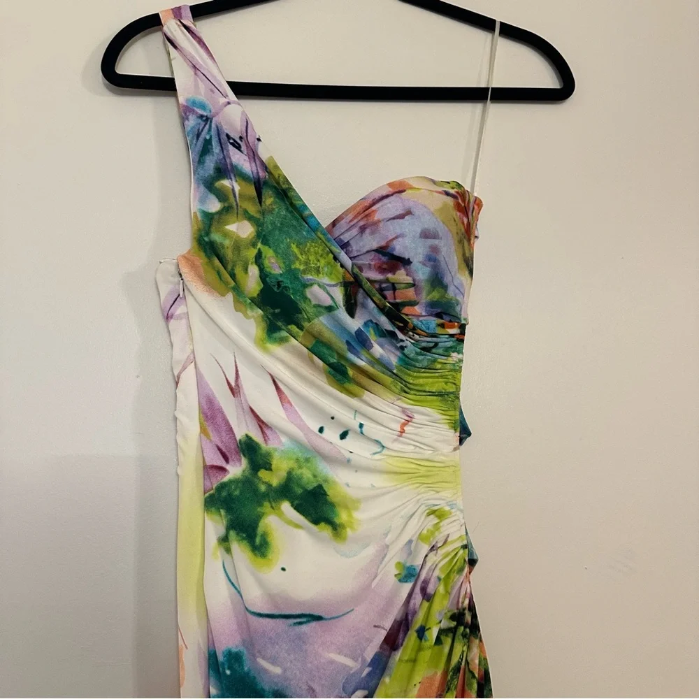 Jovani Watercolor Floral One Shoulder Jersey Evening Gown Formal Prom Dress - Picture 2 of 5